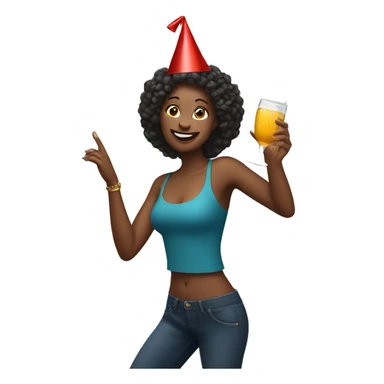 Woman dancing with drink in her hand wearing party hat sticker