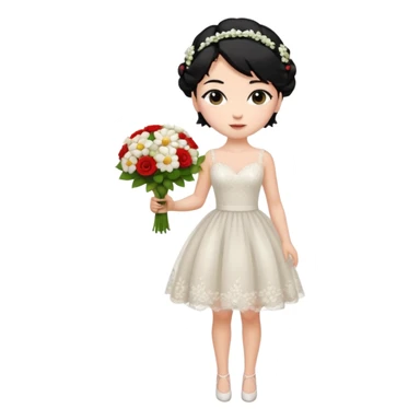 Chica blanca,cuerpo entero, vestido boda corto, pelo negro,   1 ramo de flores , pelo recogido con mechones sticker