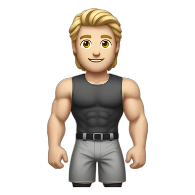 To belt Actively gesturing with hands Pale skinned Fit Man With the biceps and light brown hair in dark gray Sleeveless Mike, black oversize sports shorts and white Sneakers sticker