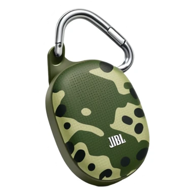 Super simplified JBL Clip 4 speaker, abstract oval shape with tiny carabiner and minimal green camo dots, iOS emoji style sticker