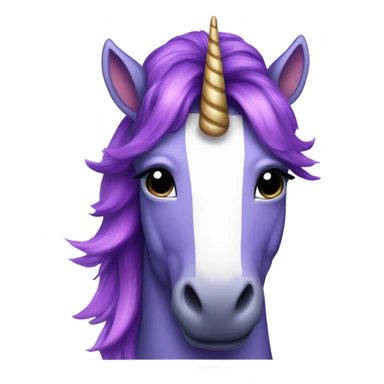 Purple Unicorn with indigo hair and a pink stripe in it and the unicorn has a horn sticker