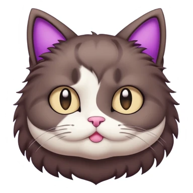 a dark-brown fluffy cute kawaii anime cat thinking frowning thoughtfully, saying “hmm” with a purple speech bubble sticker