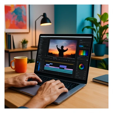 video editor working on a MacBook in a modern workspace with a creative atmosphere, clear focus on editing software on the laptop screen, vibrant colors, clean composition sticker