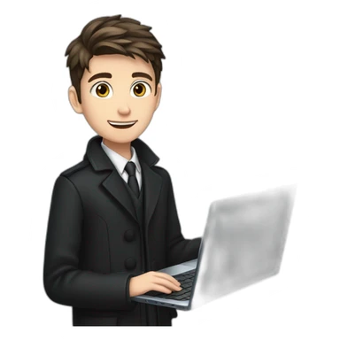 uses laptop in hands, uses laptop in hands, Blue eyes, Classy programmer, 13 years old, coat, formal outfit, pc in hands, brunette boy, black coat, all body sticker