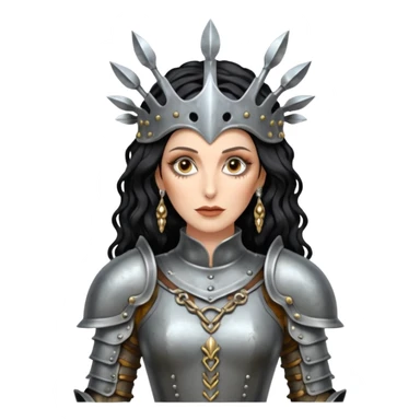 realistic cinematic actress Cher in baroque styling like Joan of Arc dirty damaged armor in a forest sticker