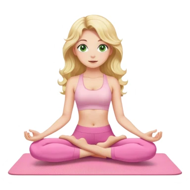 blonde long curled hair and green eyes yoga beautiful girl in light pink pink pink clothes sitting on a yoga mat sticker