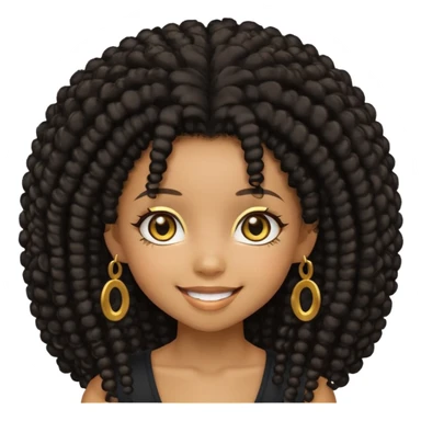 Create a black chibi girl with long afro hair and beautiful gold eyes with a smile sticker