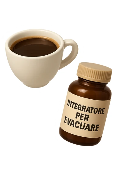 EMOJI STILE IPHONE 3D DI un caffè e di una boccetta di integratore con la scritta "INTEGRATORE PER EVACUARE" SULL'ETICHETTA CHE FLUTTUANO IN ARIA, iperrealistico 4k sticker