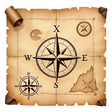 A simple treasure map with an X marking the spot, weathered edges, compass rose in the corner sticker