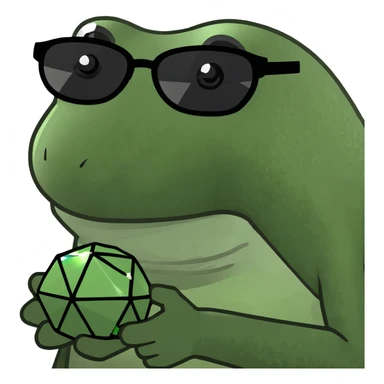 bufo with triangle shaped 8 bit sunglasses full black, confident smile, with a mini black powerful orb in his hand sticker