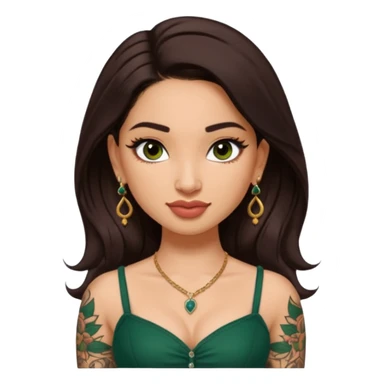 pretty bratz genmoji that looks like tamannah bhatia (bollywood actress), wearing a dark green sweetheart neckline top, dark brown hair, light makeup, no necklace, dangly earrings, side hair part, dark brown eyes, with full tattoos and neck tattoo sticker