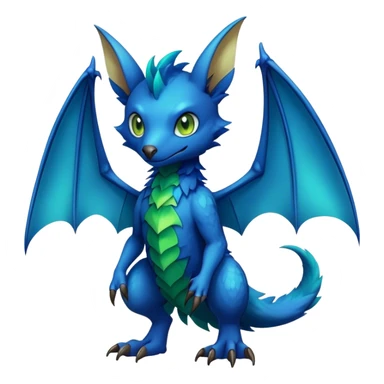 Cute cool fantasy animal hybrid bat-Sergal-Digimon-Fakemon full body, green scales, brown eyes, blue feathers sticker