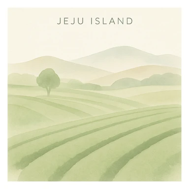 Jeju Island lush green tea fields, gentle hills, soft watercolor style sticker