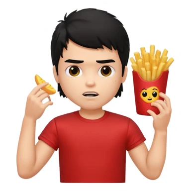 generate a pretty fair bratz boy with a messy mullet (black hair), wearing a red tshirt. eating fries, big biceps sticker