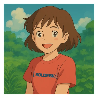 Add the SOLDESK logo to the character's shirt, keep the ghibli style, preserve the original background. sticker