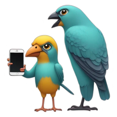 A bird with a phone in hand and with his mom scolding her sticker