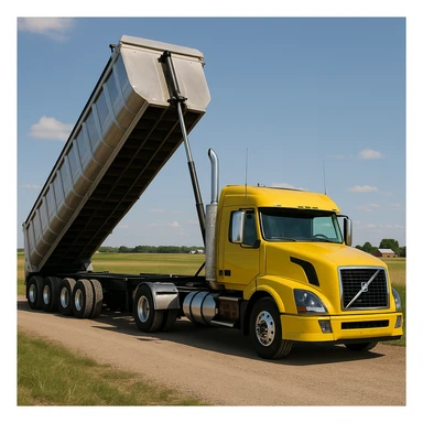 photorealistic Volvo yellow semi sleeper truck with a long silver end dump trailer, trailer raised in dumping position, side view, parked in a realistic country landscape with open fields and distant barns, sunny day sticker
