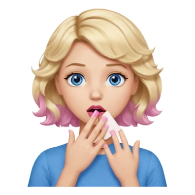 Girl Blonde short wavy hair,  blue eyes, cute blue top, long lashes, pink lips, shocked, hand over the mouth sticker