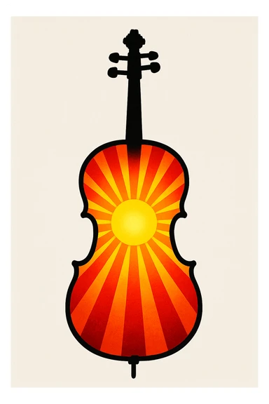 A cello silhouette filled with a radiant sunburst pattern, merging classical instrument and summer energy. sticker