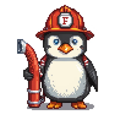 penguin firefighter with helmet and fire hose sticker