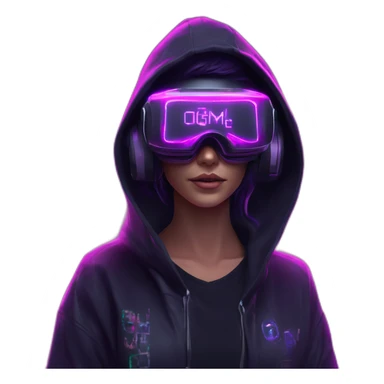 Nikulin Yurii wearing a black hoodie with "OMG" letters on it and VR headset in a cyberpunk VR environment with violet neon lighting. sticker