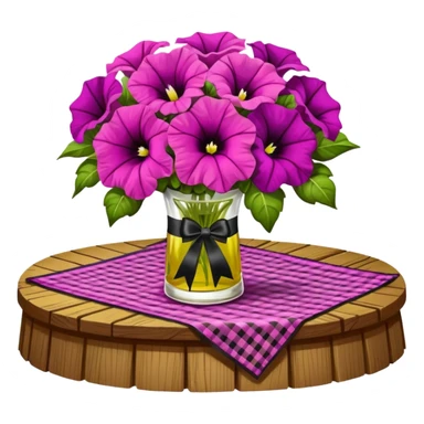 A lush bouquet of bright light margenta color petunia black satin ribbon, resting on an antique wooden table, with a pale yellow and pink plaid pattern table cloth sticker