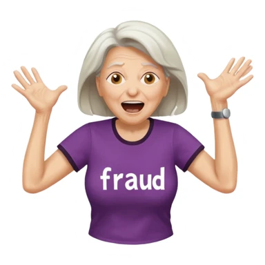 Older Woman jumping screaming and word “fraud” in a bubble sticker