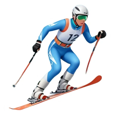 An icon featuring a skier racing down a snow-covered slope, surrounded by snowy peaks, pine trees, and a picturesque mountain landscape. The sky is blue with soft clouds, capturing the thrill and beauty of alpine skiing. Transparent background  sticker