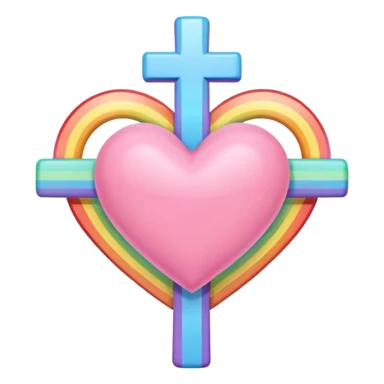Heart infront of cross, pastel pink and rainbow sticker