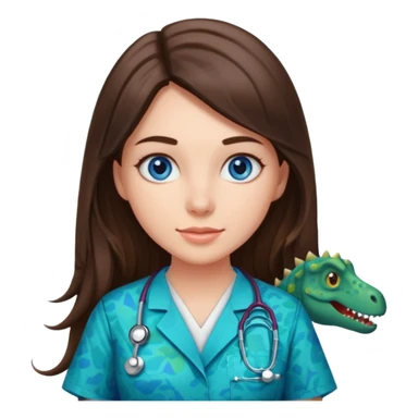 pretty brunette nurse with long hair and blue eyes in dinosaur pattern scrubs sticker