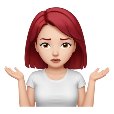 younger woman shrugging, eyes closed, white t-shirt, dark red hair, black eyebrows sticker
