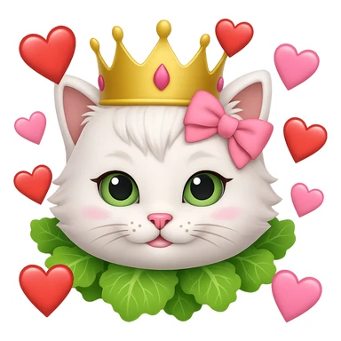 Add hearts around a white cat with a pink bow and a green lettuce crown in emoji style, no background. sticker