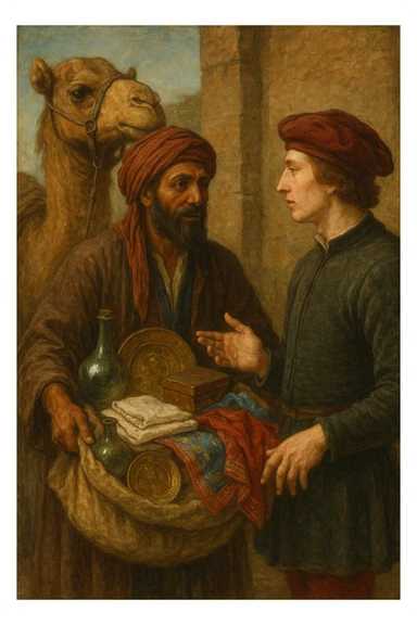 Сгенерируй в стиле реалистичной живописи как в средневековья человек с верблюдом предлагает европейцу товары sticker