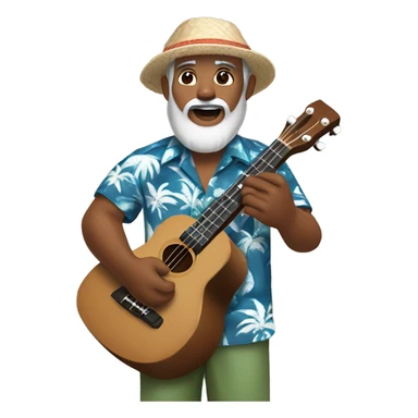 dark-skinned native hawaiian man h playing ukulele age 57 with hawaiian shirt shorts beard with cap and hair with a little gray hair and a goatee beard, small asian eyes sticker