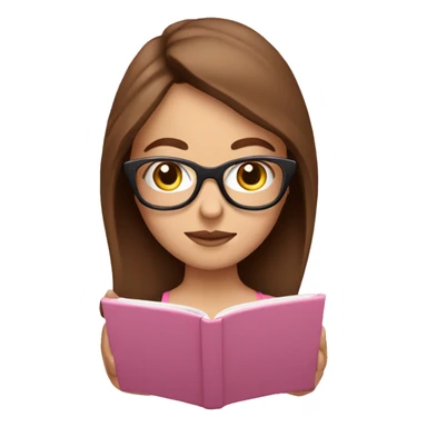 White girl with glasses and brown hair reading on a pink smart phone sticker