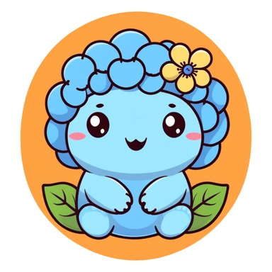 sky blue hydrangea flower with a twisted face and bulging eyes, holding its belly in a desperate toilet run, soft pastel shades sticker