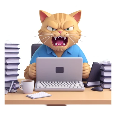 enraged overworked cat in wrinkled shirt eyes wide with irritation typing aggressively on keyboard stacks of files empty coffee cups showing visible stress annoyance sticker