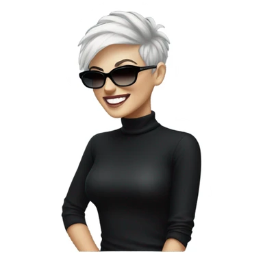 Smiling White woman with short very messed punk silver pixie white hair xmas sunglasses big black rayban and black high polo neck sweater sticker