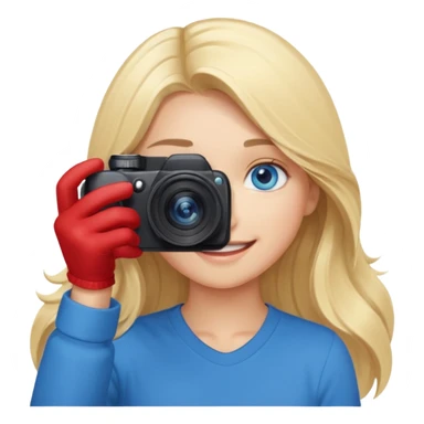  blue eyes blonde girl photographer cartoon taking picture in middle of taking picture camera in front of face long hair smiling funny flash professional, camera in front of face sticker