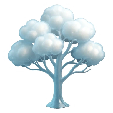 one tree with many branches and a white trunk, crown made of small very bright white fluffy convex clouds, matte glass style sticker