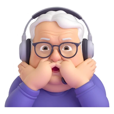 Very chubby brown old man with medium white hair, wearing glasses and headphones, looking surprised and angry, no facial hair, round full cheeks, double chin, looking to the upper left corner sticker
