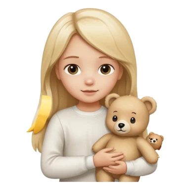 Blonde little girl, long hair, white long sleeve, with beige bear sticker