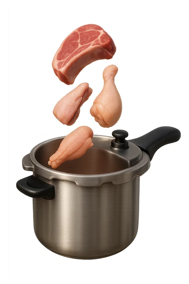 emoji stile iphone in 3d di una pentola a pressione dentro cui cadono agnello, pollo e tacchino crudi da cuocere, iperrealistico 4k sticker