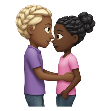 a dark skinned boy wearing a purple shirt, and silver earrings. kissing a lightskin black girl wearing a pink shirt with braids .  sticker