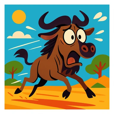 cartoon gnu running in fear, exaggerated motion lines, vibrant cartoon style sticker