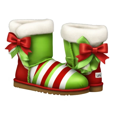 Realistic red and white striped Ugg boots with fur and peridot green silk ribbon bows.   sticker