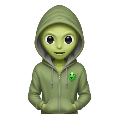 green alien in gray hoodie full height, wear hoodie hat, happy sticker