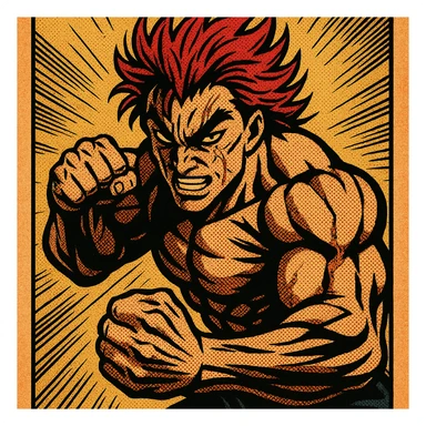 Yujiro Hanma, bold comic book style, intense pose, dramatic shadows, red spiky hair, signature scars sticker