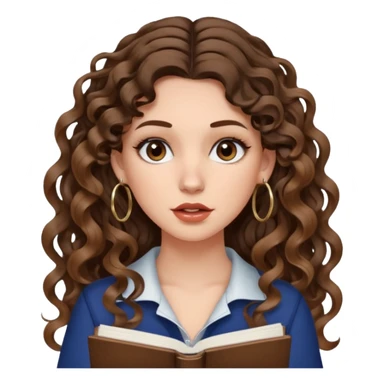 cute girl with not volominous VERY LONG curly/wavy brunette hair with balayage, brown eyes, full lips, natural clean girl makeup and hoop earrings white girl: super desperate studying sticker