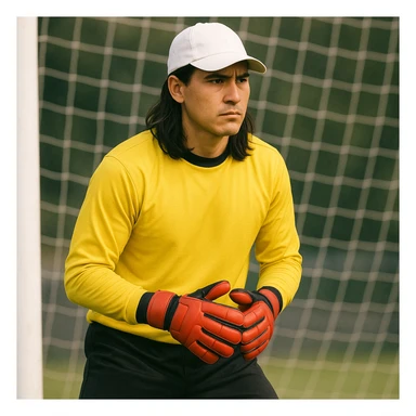 portero de fútbol con camiseta amarilla, gorra blanca, pelo largo negro, pantalón negro, guantes rojos y rostro serio, estilo realista simplificado sticker